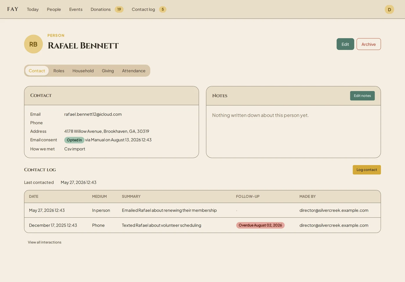 A person page in Fay: contact details, email consent with its source and date, how we met, and a contact log with an overdue follow-up.